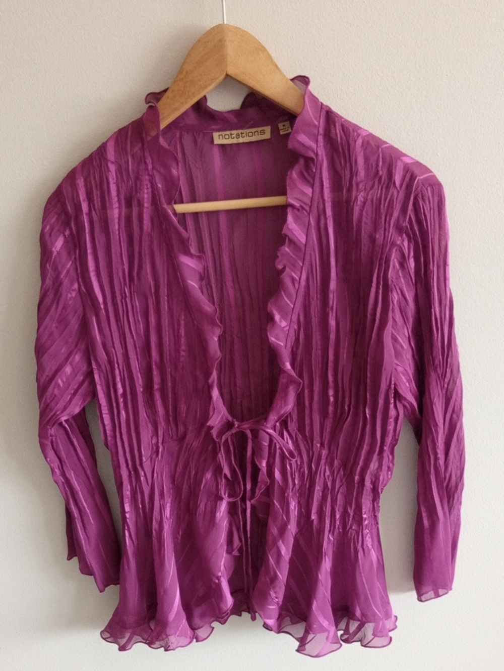 Vtg Notations Raspberry Pink Ruffle-Front Sheer Blouse Size Medium